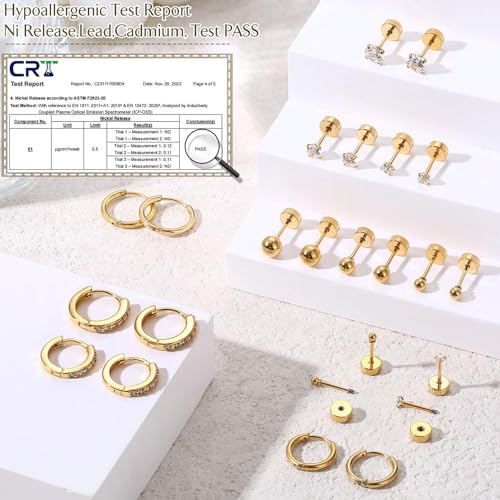 Jstyle 9 Pairs Earrings Sets for Multiple Piercing Hypoallergenic 14K Gold Plated Small Huggie Hoop Earrings for Women Tiny Ball CZ Gold Flat Back Stud Earrings for Women Lobe Helix Cartilage Earrings3