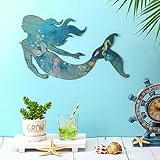 Demissle Metal Mermaid Wall Art Rustic Hanging Mermaid Wall Decor Blue Elegant Sculpture Decorations for Room Wall Patio Swimming Pool Bathroom(Classic Style)