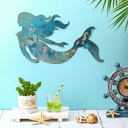 Metal Mermaid Wall Art Rustic Hanging Mermaid Wall Decor Blue Metal Mermaid Decorations Stainless Steel Mermaid Sculpture For Room Wall Patio Swimming Pool Bathroom, 15 X 8.5 Inches (Classic Style) #TOP6