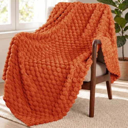 Image of Exclusivo Mezcla Large 3D Fleece Throw Blanket for Couch, Burnt Orange | Extra Soft Fuzzy Plush Lightweight Throws, Cozy Fluffy Decorative Blankets for All Seasons, 50x70 Inches