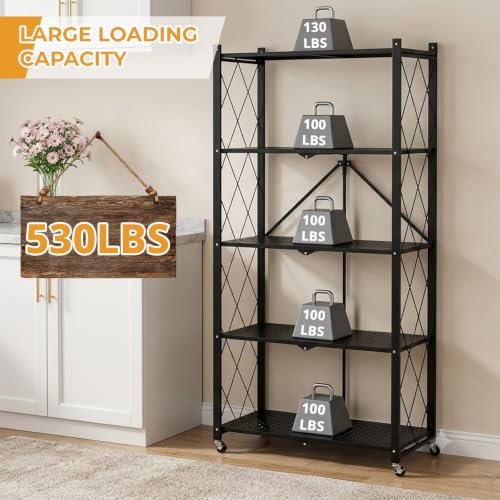 Image of COKIHOM 5 Tier Foldable Storage Shelf with Wheels, Heavy Duty Metal Rolling Shelf Rack, No Assembly Wire Shelving Unit for Kitchen, Books, Living Room, Pantry, Garage, Office, Bedroom, Black