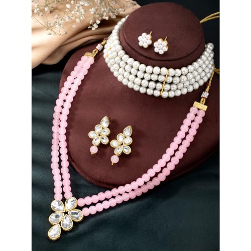 Image of Peora Crystal Faux Pearl Kundan Necklace & Jewellery Set Gift for Women
