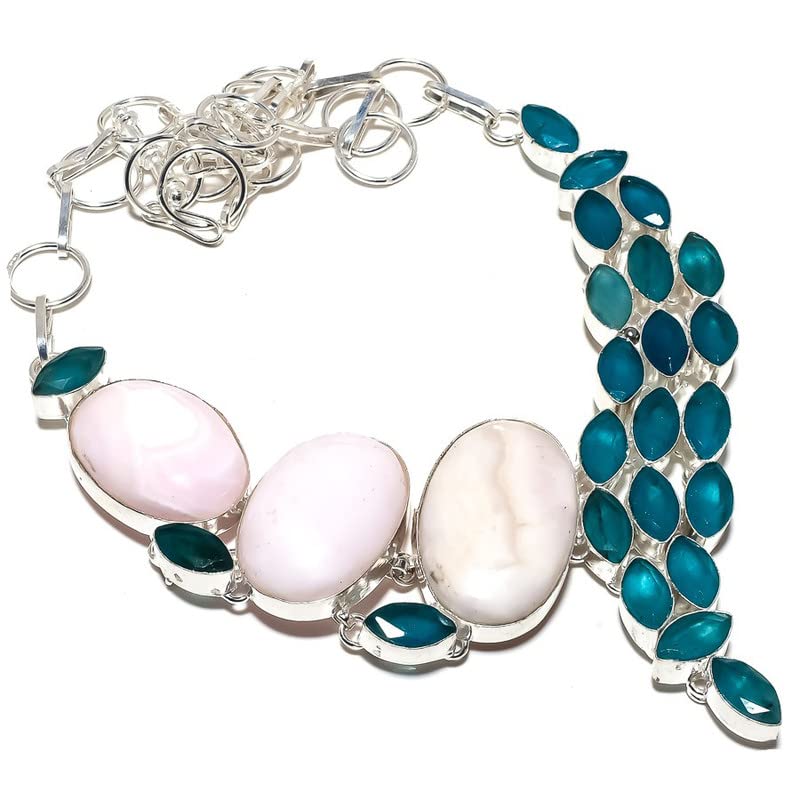 Picasso Jasper and Blue Chalcedony 925 Sterling Siver Plated Multi-Stone Handmade Collar Necklace 17-18" Long Woman's Girls Ladies Jewelry From Shivi