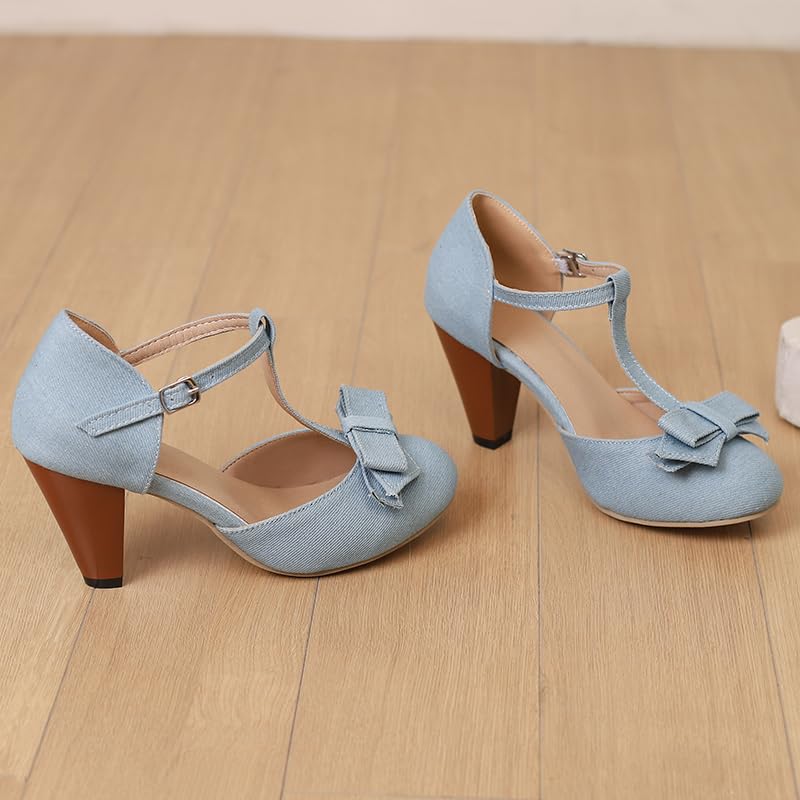 Image of Elbslutt Women's Cute Retro Rockabilly Shoes T Strap Mary Janes Heels Chunky Cosplay Shoes Sweet Block Heeled Bow Pumps