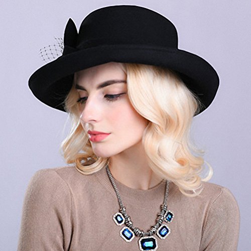 Maitose Women's Wide Brim Wool Felt Bowler Hat Black - Thumbnail 5