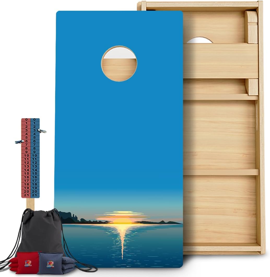 CornholeGamesUSA Pro Cornhole Boards Set | Made in USA | 3/4 Baltic Birch | No Bounce | Triple Thick Legs | Two Brace & Handles, Tournament 2x4 Regulation Set with Score Tower & Cornhole Bags