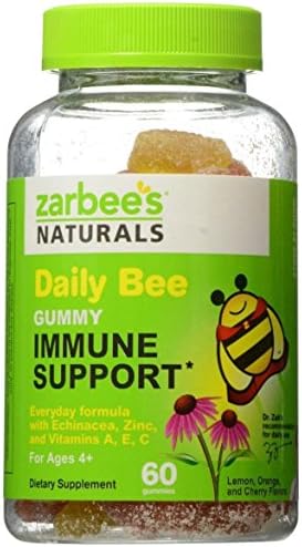 Zarbee's Naturals Daily Bee Gummy Immune Support Everyday Formula Dietary Supplement with Echinacea, Zinc, and Vitamins A, E, & C, Lemon, Orange & Cherry Flavors, 60 Gummies