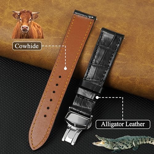 Vinacreations 22mm Black Slim Alligator Watch Band for Men