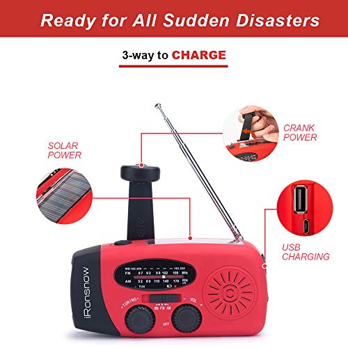 [Upgraded Version] iRonsnow IS-088+ [1000mAh] Solar Hand Crank Radio AM/FM/NOAA/WB Weather Emergency Radio, Dynamo LED Flashlight Power Bank for iPhone/Android Smart Phone (Red) - Thumbnail 3
