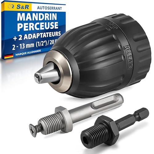S&R Mandrin Perceuse Autoserrant 1.5-13 mm 1/2-20UNF avec Adaptateur SDS-plus. Mandrin Sds-plus Pour Perceuse et Visseuse Bosch Metabo Makita et autre marques