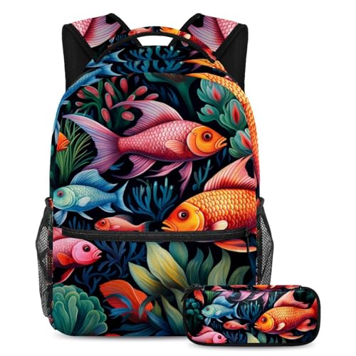 Sac à dos avec trousse poissons colorés d'art pour soulager le dos des élèves