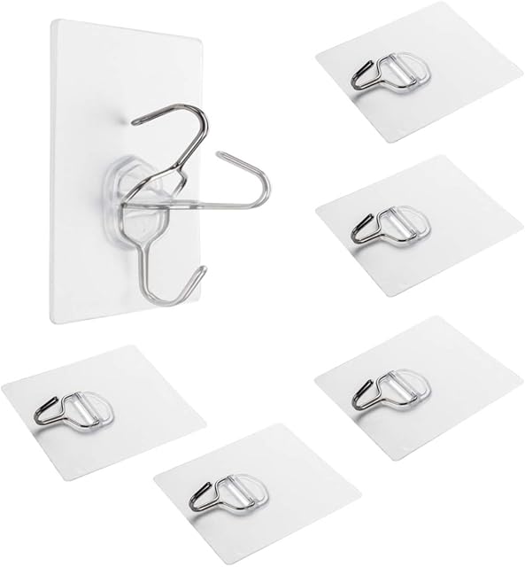 ZOTTI Adjustable Self Adhesive Hooks - 6 Pack, Square Clear | Plain, Invisible Heavy Duty Strong J Hook for General, Bathroom & Kitchen Use | Movable, Waterproof, Stick on Hooks for Decor | Easy Fit