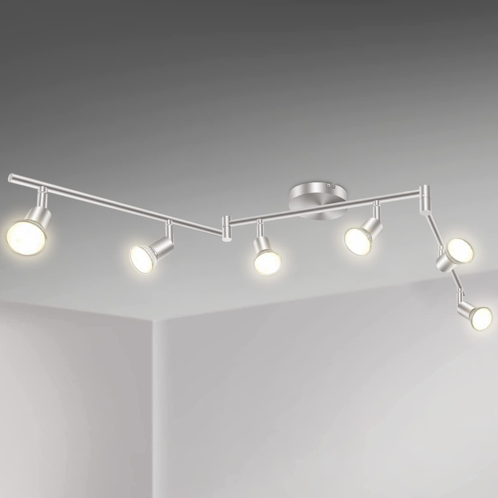AIBOO Rotatable Kitchen Ceiling Light, 6 Way Kitchen Light Fittings, Flexible Led Spotlight Fittings for Living Room Bedroom, Nickel(GU10 Bulbs NOT Included)