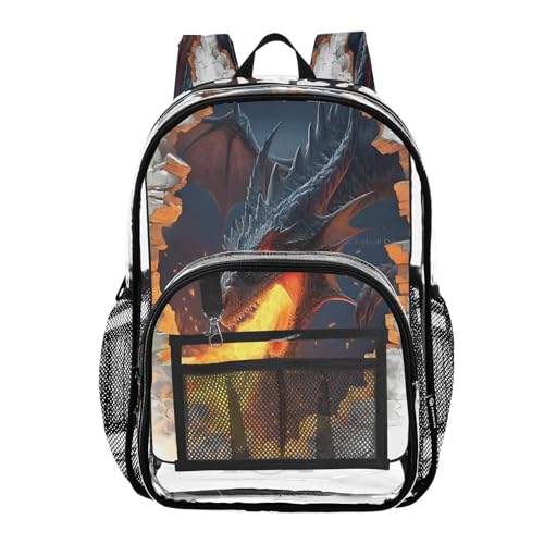 Fire Breathing Dragon Clear Backpack Heavy Duty See Through Transparent PVC BookBag for Kids Boy Girl School Work