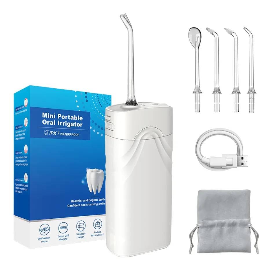 Water Flosser Multifunctional Rechargable and Portable Tooth Cleaner Dental Care Orthodontics Oal Hygiene 200 ml Telescopic Water Tank with 4 Water Flossing Tips and Nozzle Storage- Water Floss White