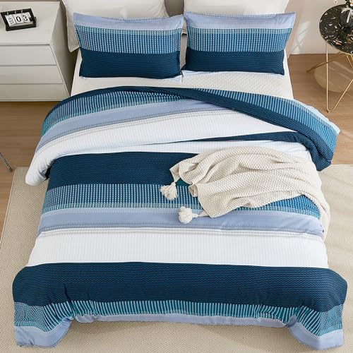 Litanika Oversized King Comforter Set Navy Blue - 3 Pieces Lightweight Blue White Colorblock Stripe Fluffy Bedding Comforter Sets, All Season Bed Set
