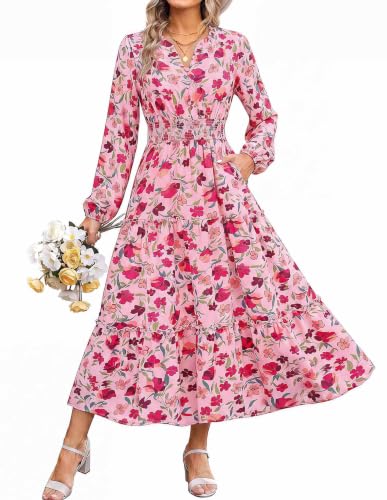 Image of GRACE KARIN Women's Floral Maxi Dress 2026 Fall Long Sleeve V Neck Empire Waist A Line Flowy Dress with Pocket