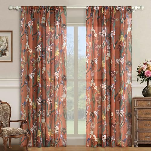 Image of Schweek Boho Curtains 84 Inches Length 2 Panels for Living Room Terracotta | Linen Farmhouse Curtains,Printed Floral Vintage Botanical Burnt Orange Semi Sheer Drapes for Dining Room, Bedroom 52 inchx84 inch