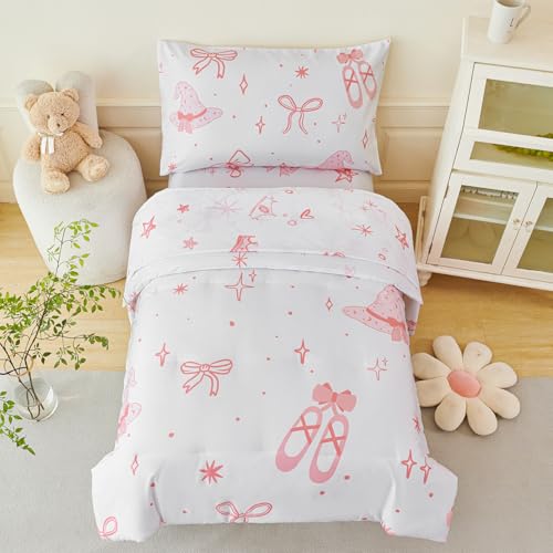 Image of PERFEMET 4 Pieces Bow Comforter for Toddler Girls Reversible Bowknot Pink Toddler Bedding Set Ultra Soft Lightweight Princess Crib Bed Set with Sheets