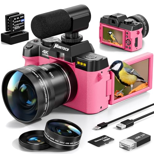 Monitech 48 MP Digitalkamera für Fotografie, 16-facher Digitalzoom 4K-Videokamera für Fotografie, Vlogging-Kamera für Youtube, mit SD-Karte, 32 GB (Rosa)
