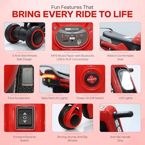 Image of Toyzone Roxie Kids Electric Bike (Red) | Rechargeable Bike with 6V 4.5Ah Battery | MP3 /USB /BT Music & LED Lights| Smooth Acceleration | 6 Months Battery warranty, For Kids Age 2 to 8 Years, Upto 35 kg