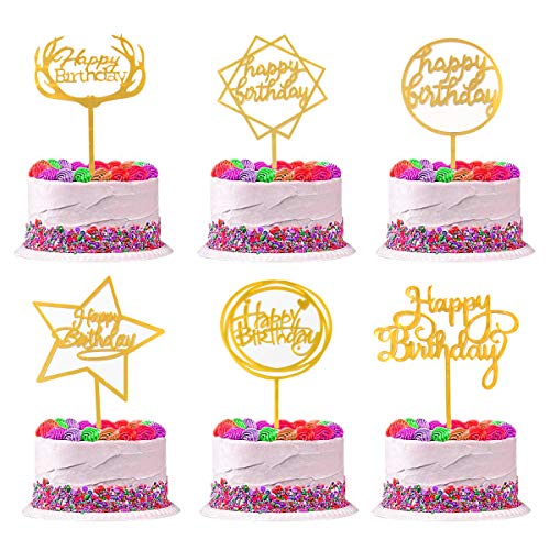BoloShine 6 Pièces Happy Birthday Cupcake Toppers, Topper de Gâteau Acrylique, Cake Anniversaire Decoration pour Hommes, Femmes, Anniversaire d'enfants- Doré Cover