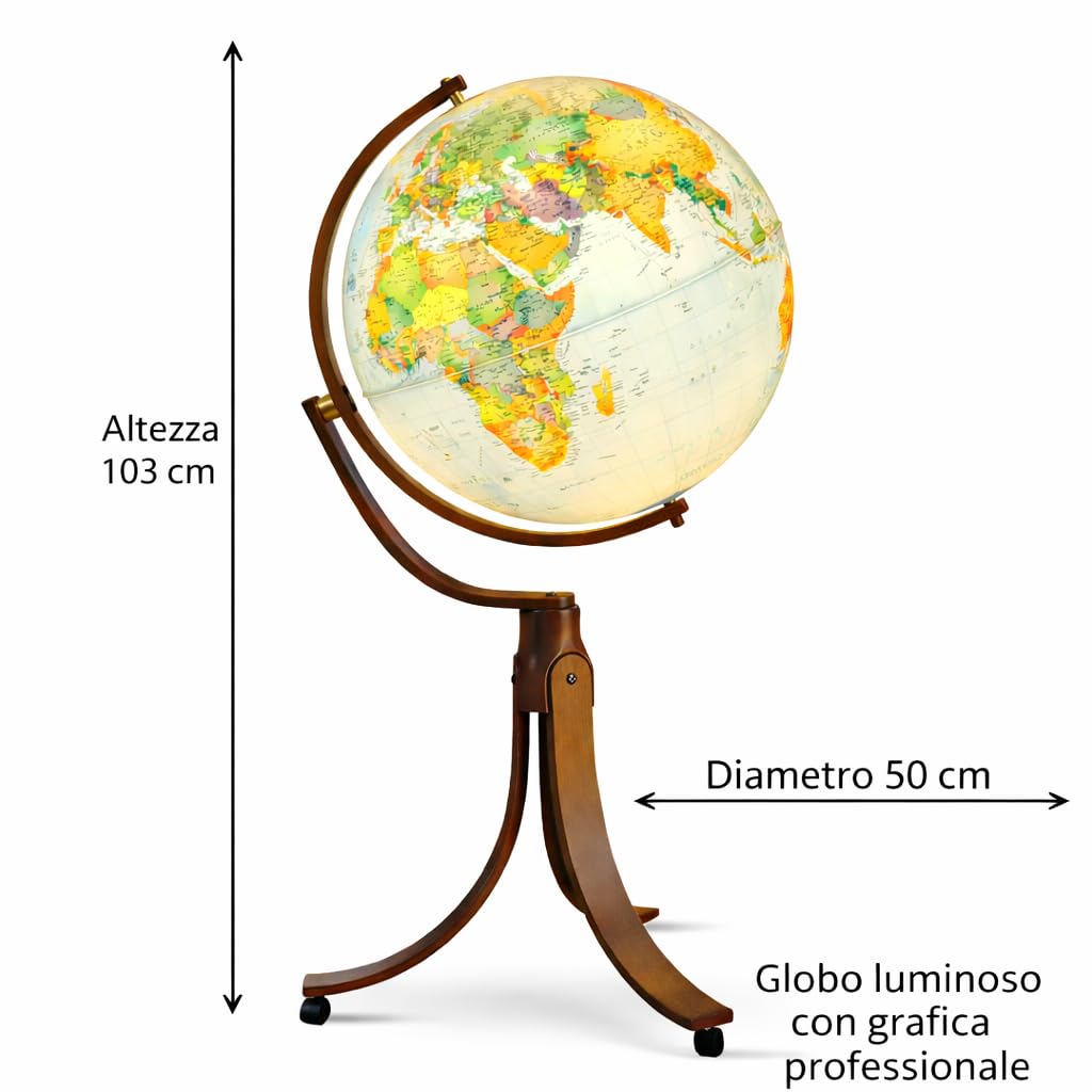 Mappamondo Luminoso da Terra con Base in Legno di Faggio, Cartografia Stile Antico, Diametro 50 cm, Altezza 103 cm, Emily Antique Progressio