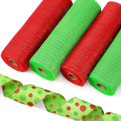 5 rollos de cinta de malla de Navidad a cuadros rojos de 30 pies cada rollo verde y rojo, malla de arpillera de polietileno con cinta de 10 pulgadas para coronas, decoración de árbol de Navidad,