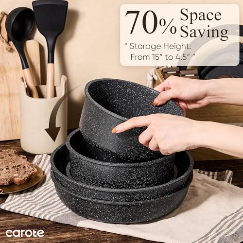 CAROTE 17pcs Pots and Pans Non Stick, Cookware Sets Detachable Handle, Induction Kitchen Pots and Pans,NonStick Cooking Set, Oven/Dishwasher/Fridge Safe, Space Saving - Image 6