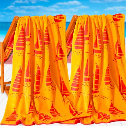 VOOVA & MOVAS 2PC Large Thick Cotton Beach Towels - 40"X75" 650GSM, Jacquard, Pool Towels for Men and Women - Soft and Absorbent Swim Bath Sheets - Boat Design