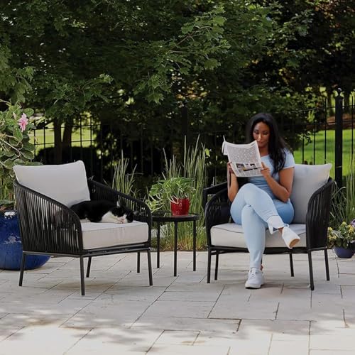 Image of PRATHAM India Outdoor Indoor Patio Set Bistro Set Rattan Chair for Living Room Dining Room Lawn Balcony Outdoor Garden Chair Set with Glass Table (Black with Cream Cushion & Pillow 2+1)