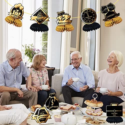 Retirement Party Table Decorations, 8PCS Black Gold Retirement Honeycomb Centerpieces Decorations Retirement Honeycomb Table Toppers for Happy Officially Retired Party Decoration Party Supplies