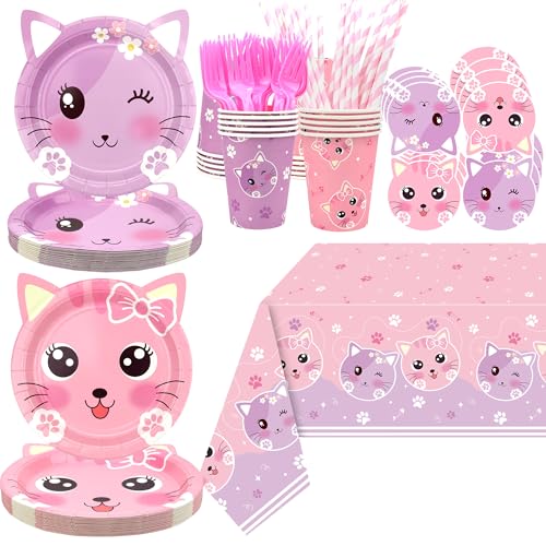 Cat Birthday Party Supplies Set, Kitten Tableware Includes Plates, Tablecloth, Cups, Forks and Straws for Kids Cat Party Decorations, Serves 20 Guest (A)
