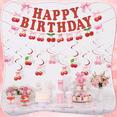 Image of 43 Pcs Cherry Party Decorations, Happy Birthday Banner with Hanging Swirls | Summer Fruit Theme Cherry Party Decorations for Wedding Birthday Bridal Shower Baby Shower