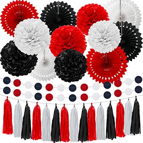 WILLBOND 29 Pcs Red and Black Decorations Paper Decoration Fan Po...
