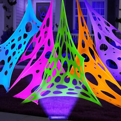 Glow in the dark 1300 Sqft 5 colors Uncut Giant Spider Web Halloween Decorations Outdoor with 1 Black Light &10 Ground Nails Stretchy Beef Cloth Netting DIY Flexible Elastic for Yard Party Decor