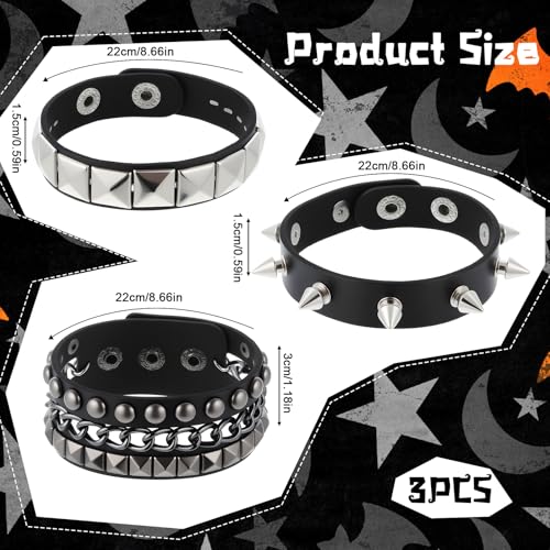 3 Piece Punk Rock Studded Bracelets Black Spiked Leather Cuff Bracelet for Men Women Adjustable Goth Bracelets 80s Retro Style Wristband Halloween Party Accessories2