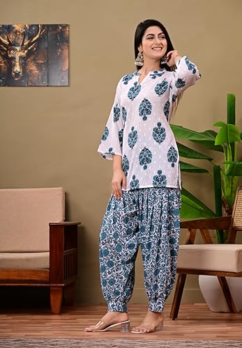 Image of Women's Cotton Floral Print Kurta Patiala Pant Set, White and Purple Traditional Indian Ethnic Wear with Damask Pattern