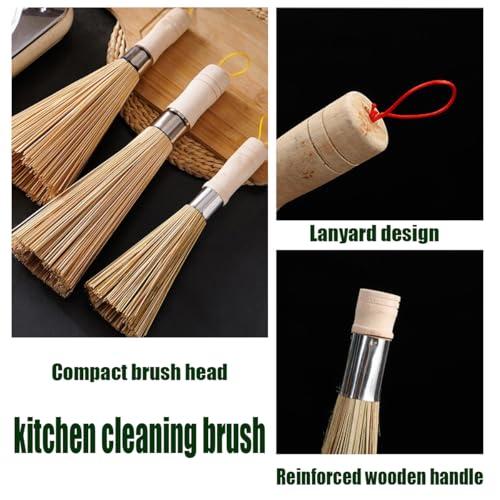Image of 4 Pack Bamboo Pot Brush, Wok Cleaning Brush for Dishes, Pans, Cast Iron (Wooden-Lanyard)