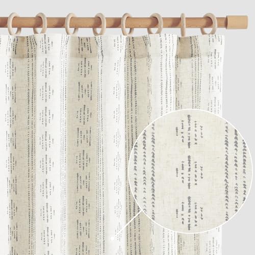 jinchan Boho Stripe Curtains for Living Room Farmhouse Linen Grey Curtains 96 Inch Length 2 Panels for Bedroom Geometric Striped Mudcloth Light Filtering Window Drapes Back Tab Gray on Flax