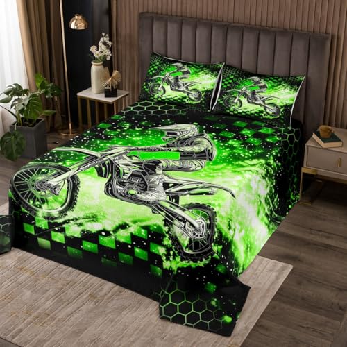 jejeloiu Kids Green Dirt Bike Coverlet Set Twin Size, Motorcycle Bedspread Extreme Sports Quilted Coverlet for Kids Boys Girls Honeycomb Quilted Room Decor with 1 Pillow Case