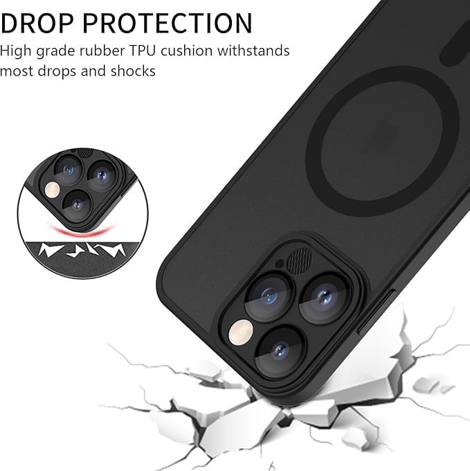 Image of Elzzi Magnetic Magsafe Designed for iPhone 16 Pro Max Case Translucent Matte Hard PC + TPU Back Cover [Compatible with MagSafe] Shockproof Phone Case, Full Black