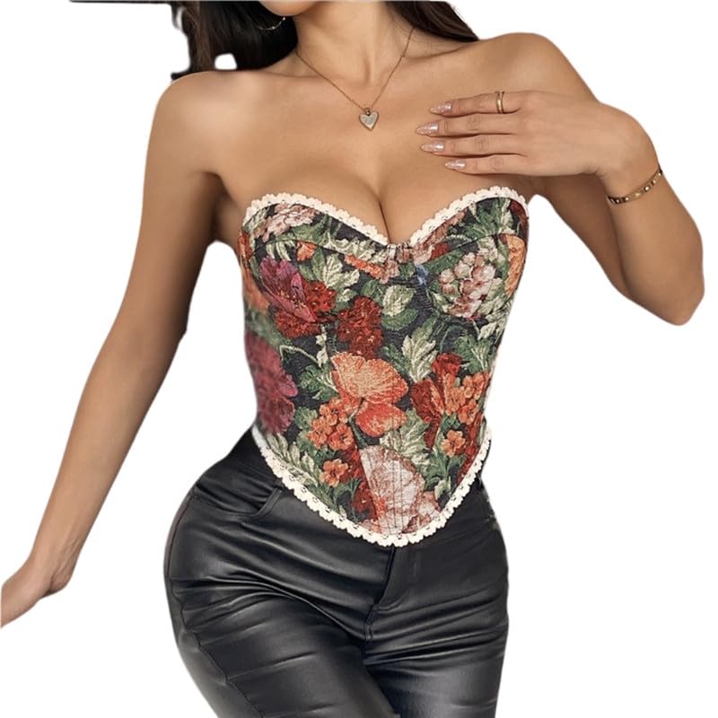 Women’s Lace Up Floral Corset Vest | Boned Fishbone Chest Wrap Top |Black | S