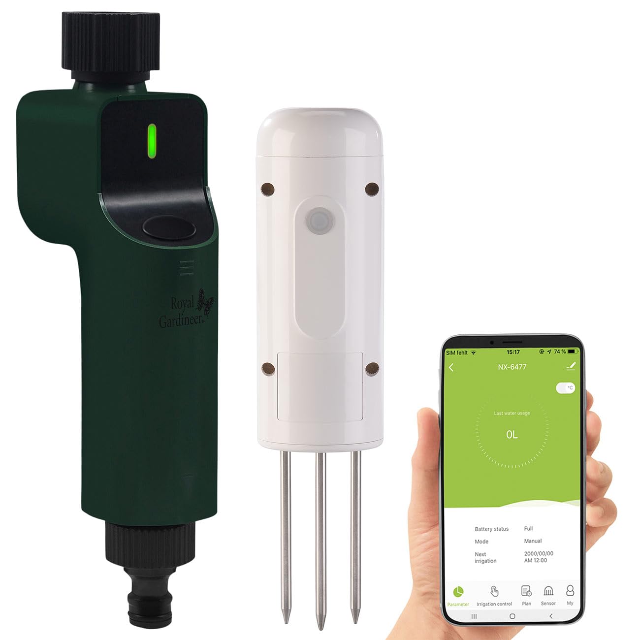 Luminea Home Control Ventil: ZigBee-Bewässerungscomputer + Boden-Feuchtigkeits- & Temperatursensor (Wasserzähler Gartenschlauch, Bewässerungssteuerungen ZigBee, Timer)