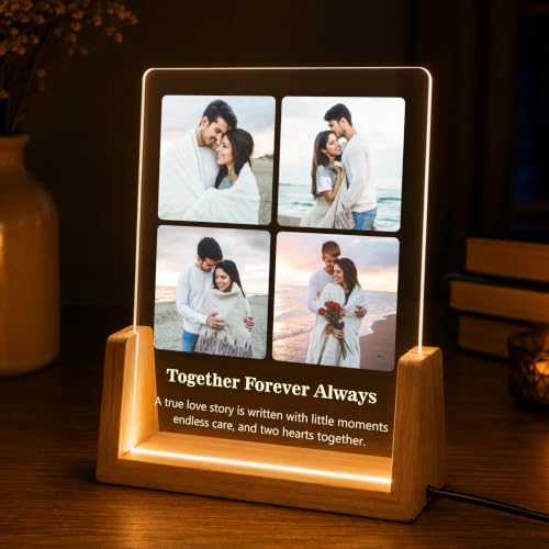 Image of Giftplease Personalized LED Acrylic Photo Frame with Custom Photo & Text | Engraved Acrylic Picture Lamp | Wooden Base |Customized Picture Frame | Anniversary Wedding Birthday Couple Family Home Decor