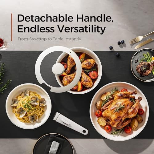 Image of 16PCS Pots and Pans Set Non Stick, Diamond-Titanium Ceramic Cookware Set & 3 Layer Stainless Steel with Detachable Handle, Induction Cookware, Non Toxic Oven /Dishwasher Safe, White