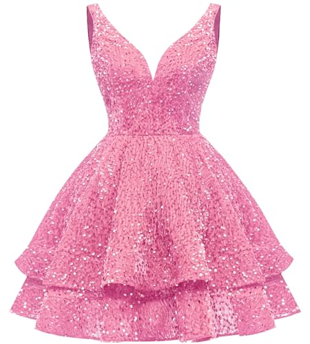 AIRXUNZ Sparkly Sequin Homecoming Dresses for Teens Wide Straps V Neck Tiered Cocktail Party Dress