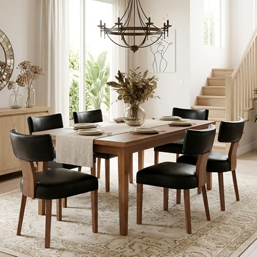 Image of HNY Century Modern Dining Chairs Set of 6, Farmhouse PU Leather Upholstered Accent Chair Curved Backrest Kitchen Chairs, with Hardwood Frame, Black 6PC