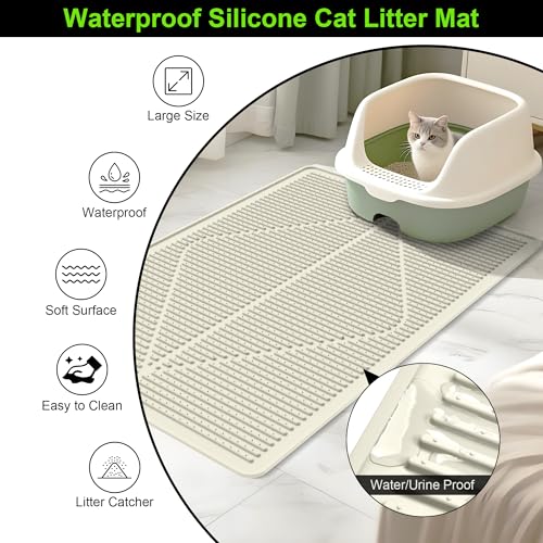 Image of Mofason Cat Litter Mat XXL, Pearl Waterproof Litter Box Mats Extra Large | Washable 38 inchx25 inch silicone kitty litter box mat for floor; jumbo extra large pet trapping rug pad, cat litter matt easy clean