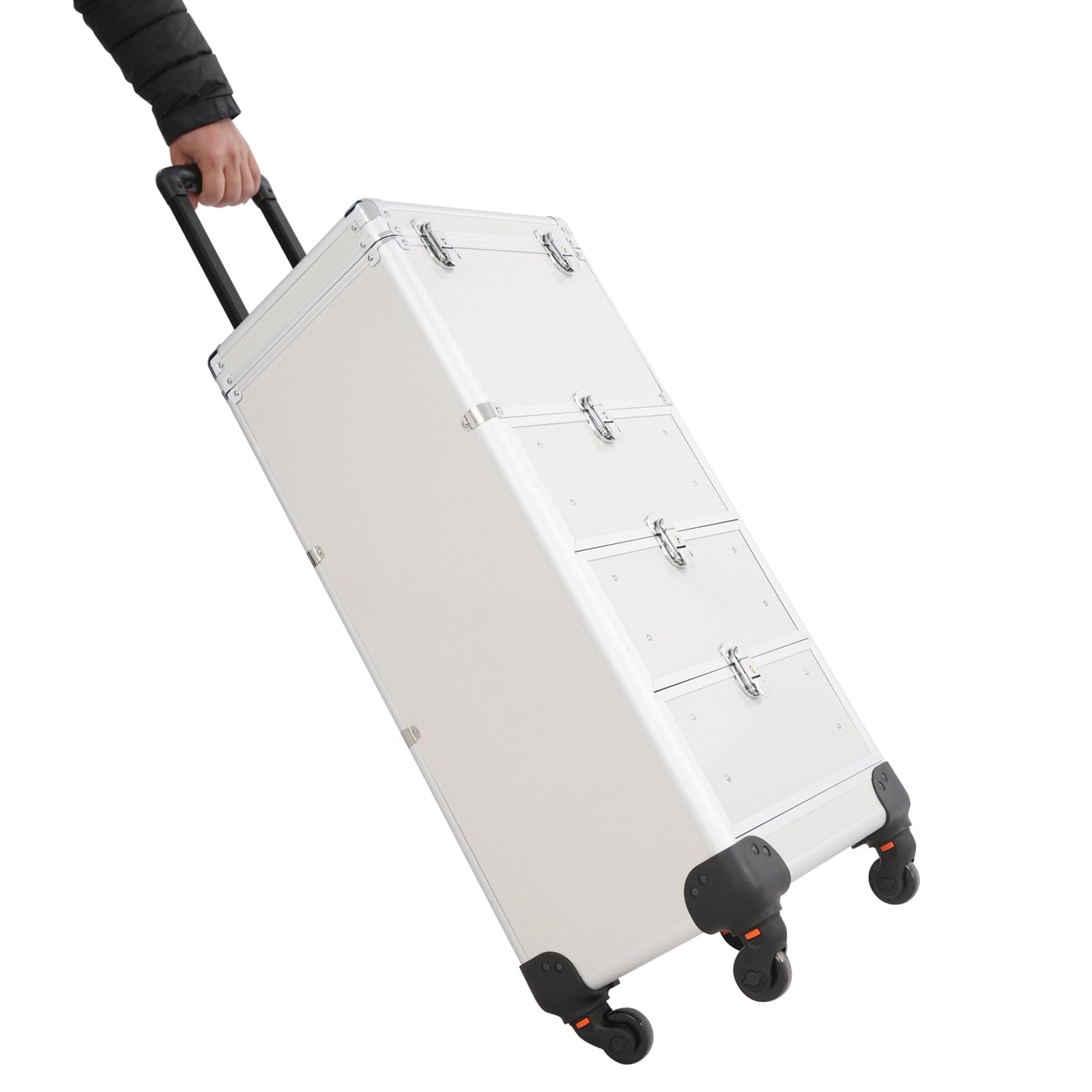 Rollbarer Schminkwagen mit 3 Schubladen Aluminiumlegierung Verstellbarer Griff 4 Räder Kosmetiktrolley für Visagisten Salon professionelle Aufbewahrung Organizer (Silber)